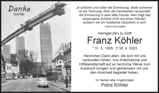 Traueranzeige von Franz Köhler von Siegener Zeitung