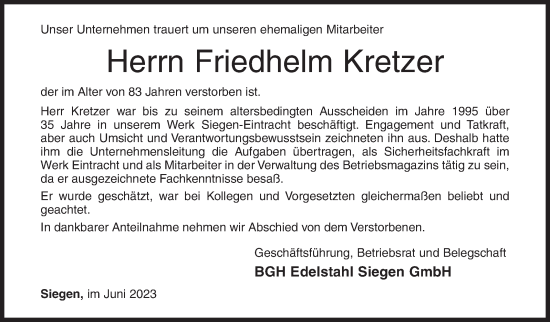 Traueranzeige von Friedhel Kretzer von Siegener Zeitung