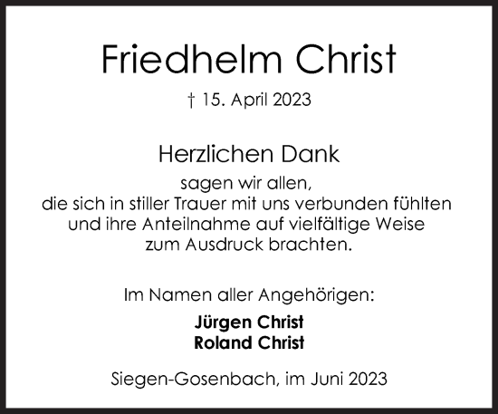 Traueranzeige von Friedhelm Christ von Siegener Zeitung