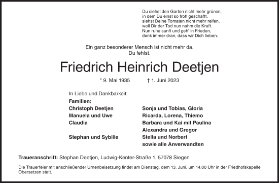 Traueranzeige von Friedrich Heinrich Deetjen von Siegener Zeitung