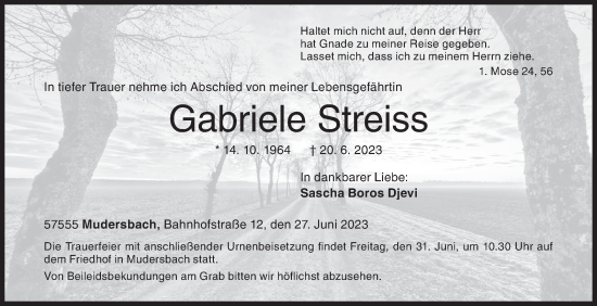 Traueranzeige von Gabriele Streiss von Siegener Zeitung