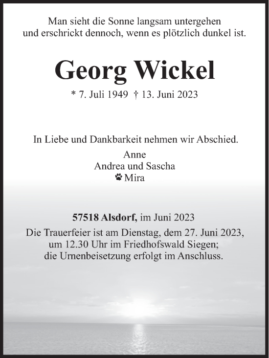 Traueranzeige von Georg Wickel von Siegener Zeitung
