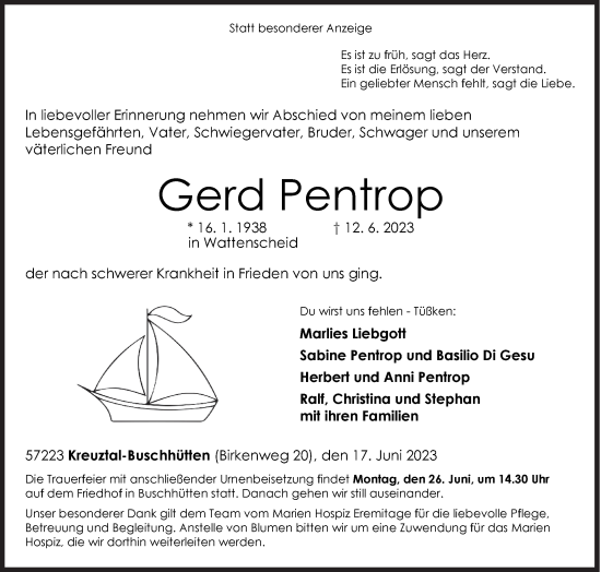 Traueranzeige von Gerd Pentrop von Siegener Zeitung