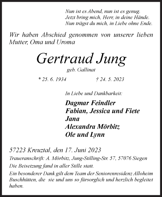 Traueranzeige von Gertraud Jung von Siegener Zeitung