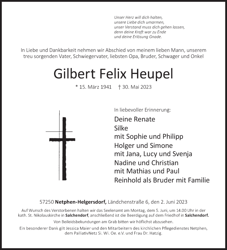  Traueranzeige für Gilbert Felix Heupel vom 02.06.2023 aus Siegener Zeitung
