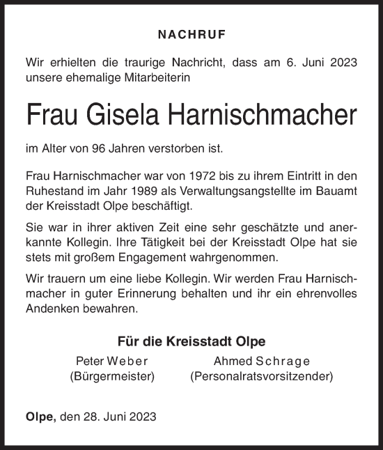 Traueranzeige von Gisela Harnischmacher von Siegener Zeitung