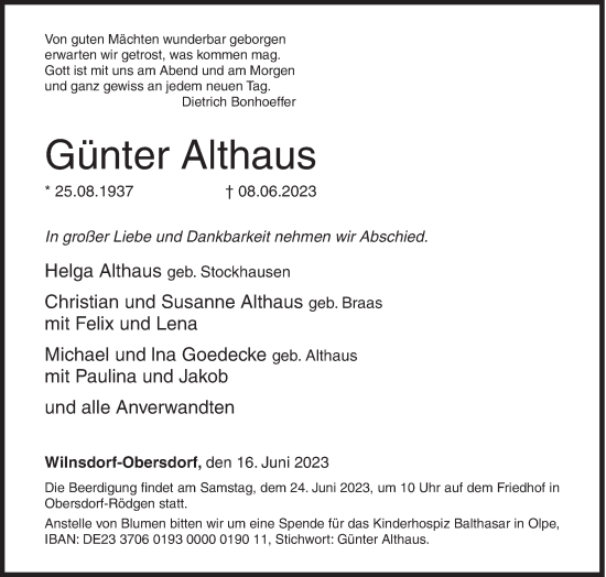 Traueranzeige von Günter Althaus von Siegener Zeitung