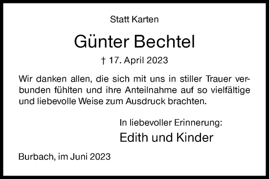 Traueranzeige von Günter Bechtel von Siegener Zeitung