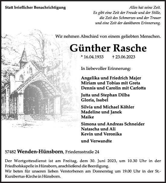 Traueranzeige von Günther Rasche von Siegener Zeitung