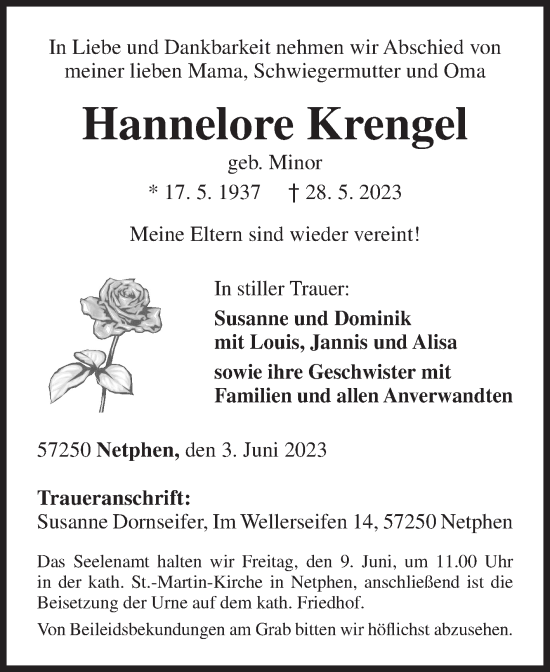 Traueranzeige von Hannelore Krengel von Siegener Zeitung