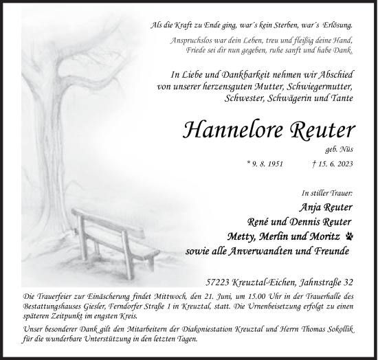 Traueranzeige von Hannelore Reuter von Siegener Zeitung