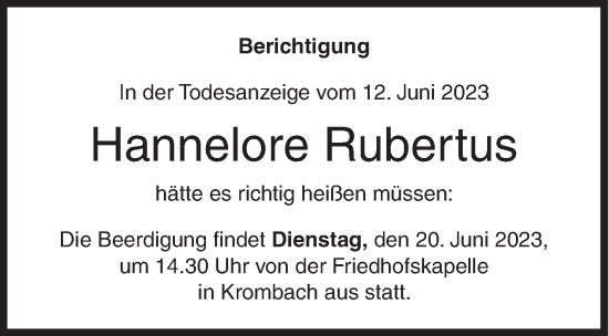 Traueranzeige von Hannelore Rubertus von Siegener Zeitung
