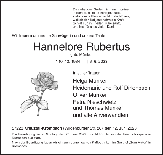 Traueranzeige von Hannelore Rubertus von Siegener Zeitung