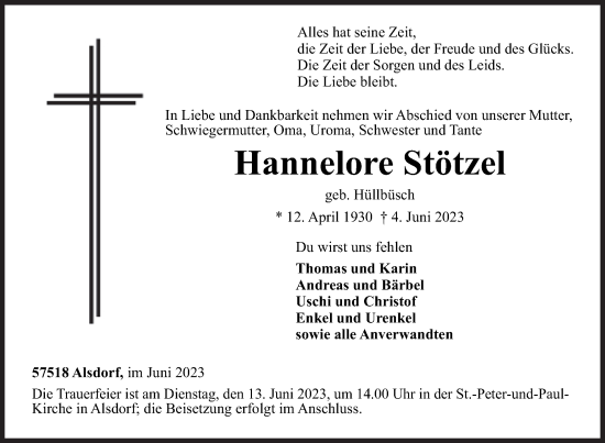Traueranzeige von Hannelore Stötzel von Siegener Zeitung