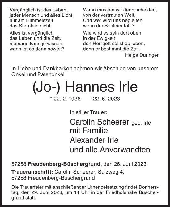 Traueranzeige von Hannes lrle von Siegener Zeitung