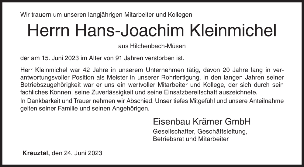  Traueranzeige für Hans-Joachim Kleinmichel vom 24.06.2023 aus Siegener Zeitung