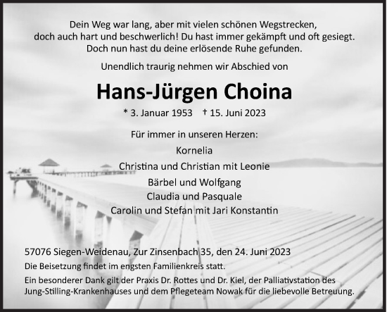 Traueranzeige von Hans-Jürgen Choina von Siegener Zeitung