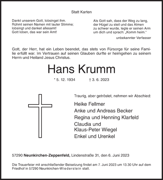 Traueranzeige von Hans Krumm von Siegener Zeitung