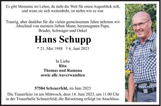 Traueranzeige von Hans Schupp von Siegener Zeitung