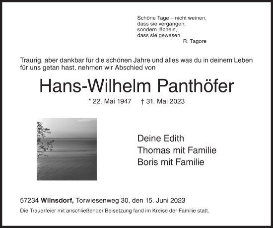 Traueranzeige von Hans-Wilhelm Panthöfer von Siegener Zeitung