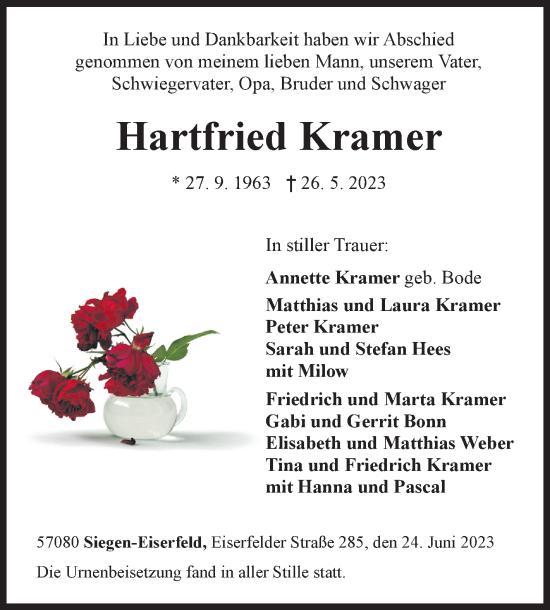 Traueranzeige von Hartfried Kramer von Siegener Zeitung
