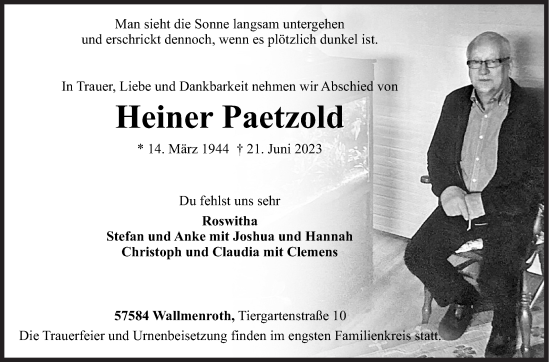 Traueranzeige von Heiner Paetzold von Siegener Zeitung