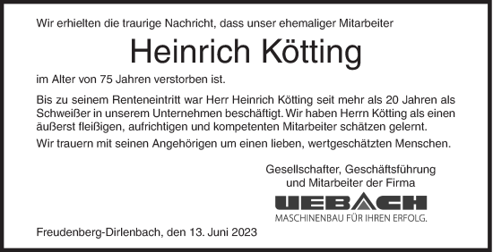 Traueranzeige von Heinrich Kötting von Siegener Zeitung