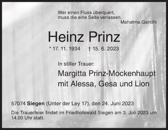 Traueranzeige von Heinz Prinz von Siegener Zeitung