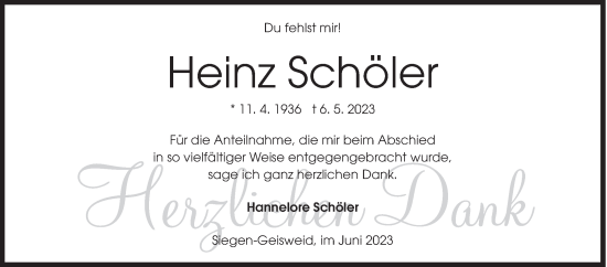 Traueranzeige von Heinz Schöler von Siegener Zeitung