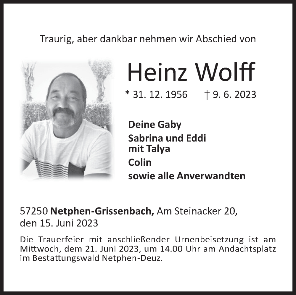  Traueranzeige für Heinz Wolff vom 15.06.2023 aus Siegener Zeitung
