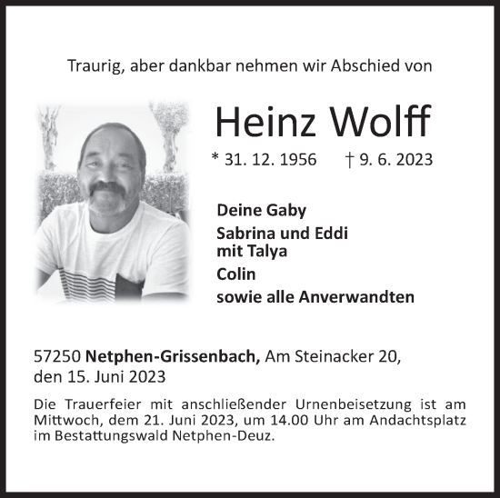 Traueranzeige von Heinz Wolff von Siegener Zeitung