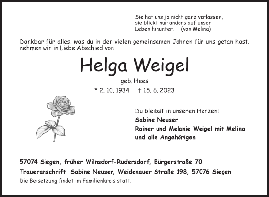 Traueranzeige von Helga Weigel von Siegener Zeitung