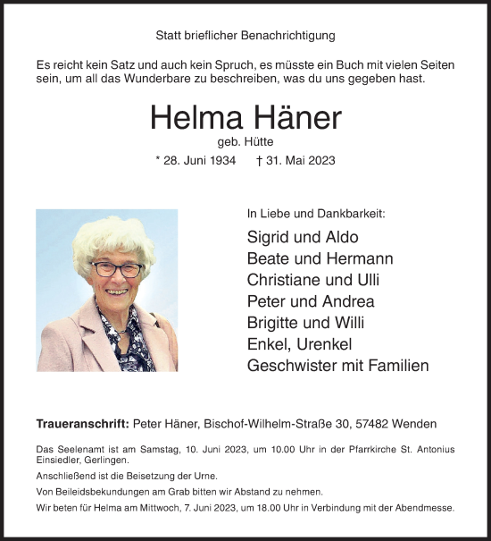 Traueranzeige von Helma Häner von Siegener Zeitung