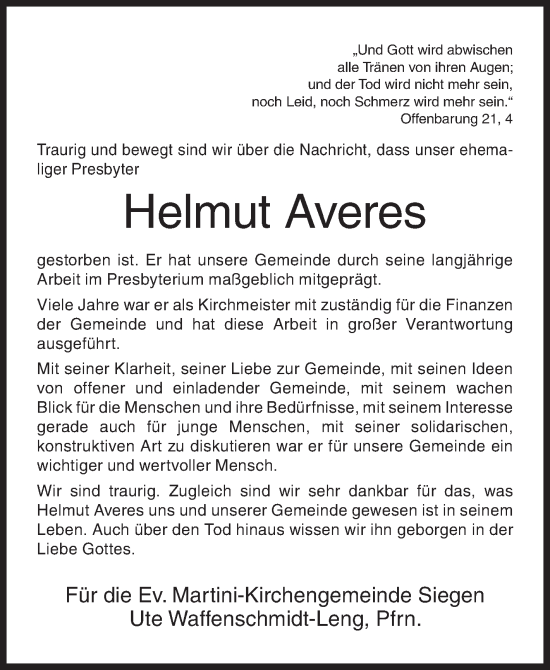 Traueranzeige von Helmut Averes von Siegener Zeitung