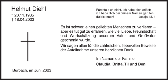 Traueranzeige von Helmut Diehl von Siegener Zeitung