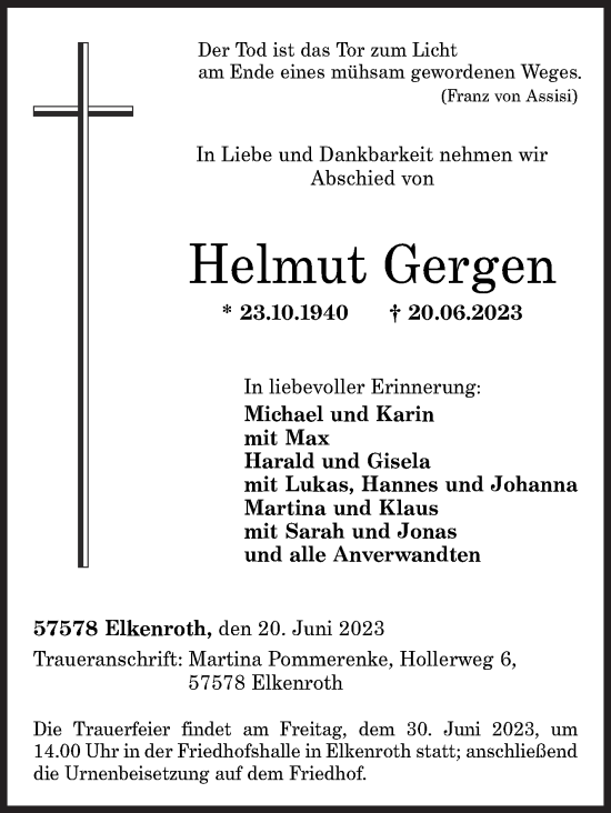Traueranzeige von Helmut Gergen von Siegener Zeitung