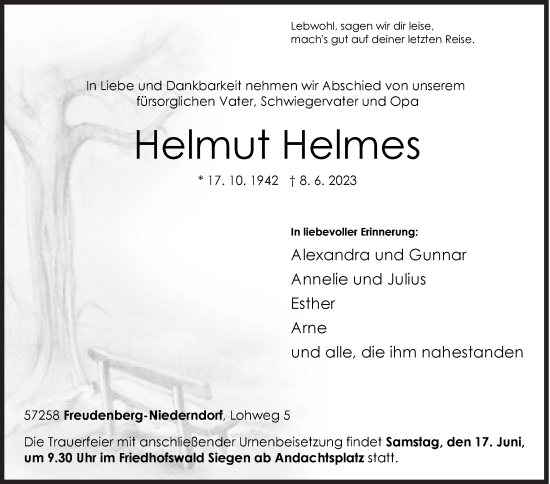 Traueranzeige von Helmut Helmes von Siegener Zeitung