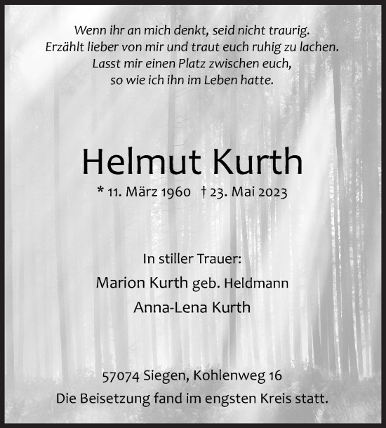 Traueranzeige von Helmut Kurth von Siegener Zeitung