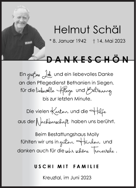 Traueranzeige von Helmut Schäl von Siegener Zeitung