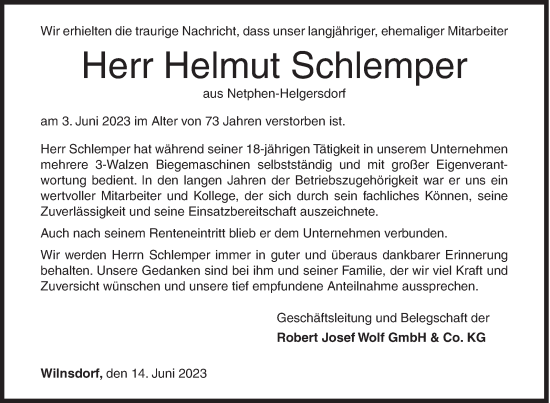 Traueranzeige von Helmut Schlemper von Siegener Zeitung