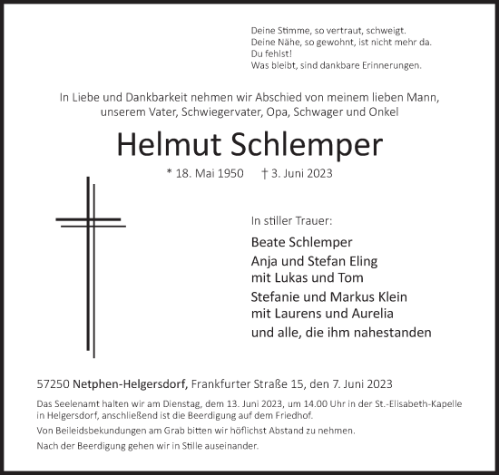 Traueranzeige von Helmut Schlemper von Siegener Zeitung
