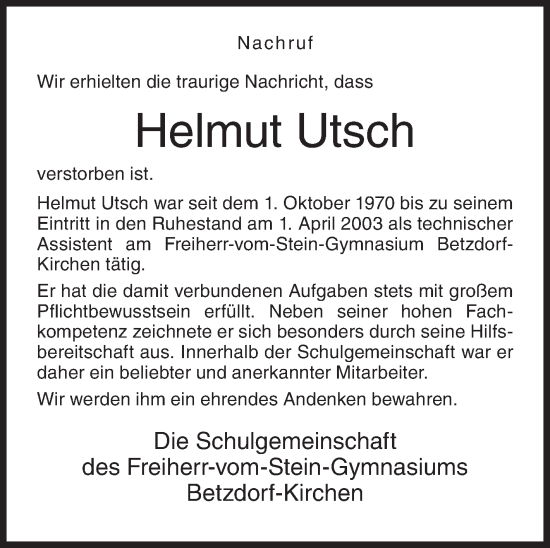 Traueranzeige von Helmut Utsch von Siegener Zeitung