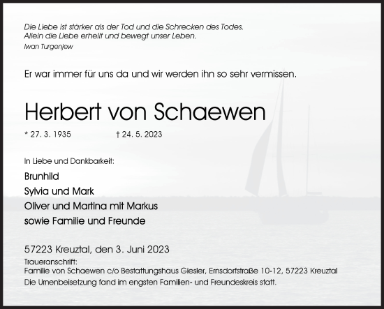 Traueranzeige von Herbert von Schaewen von Siegener Zeitung