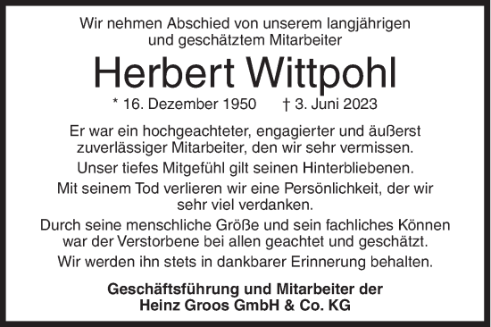 Traueranzeige von Herbert Wittpohl von Siegener Zeitung