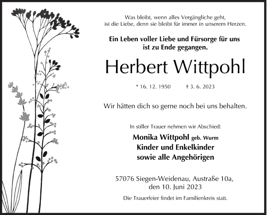 Traueranzeige von Herbert Wittpohl von Siegener Zeitung
