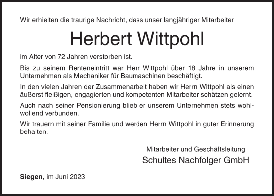 Traueranzeige von Herbert Wittpohl von Siegener Zeitung