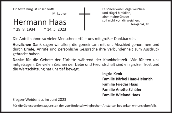 Traueranzeige von Hermann Haas von Siegener Zeitung