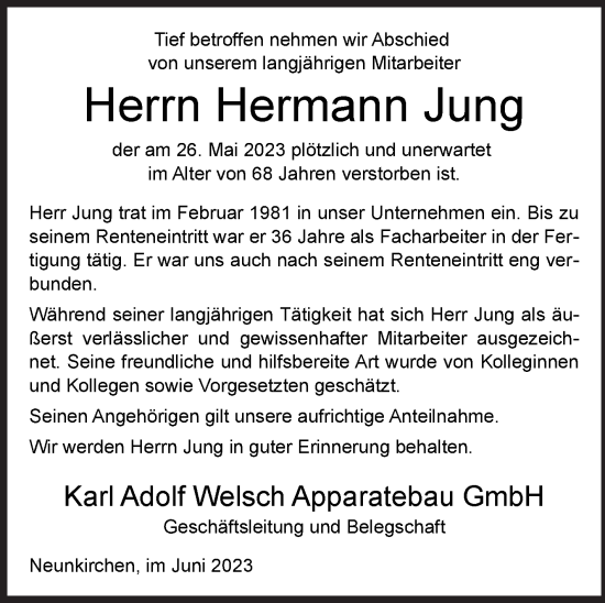 Traueranzeige von Hermann Jung von Siegener Zeitung