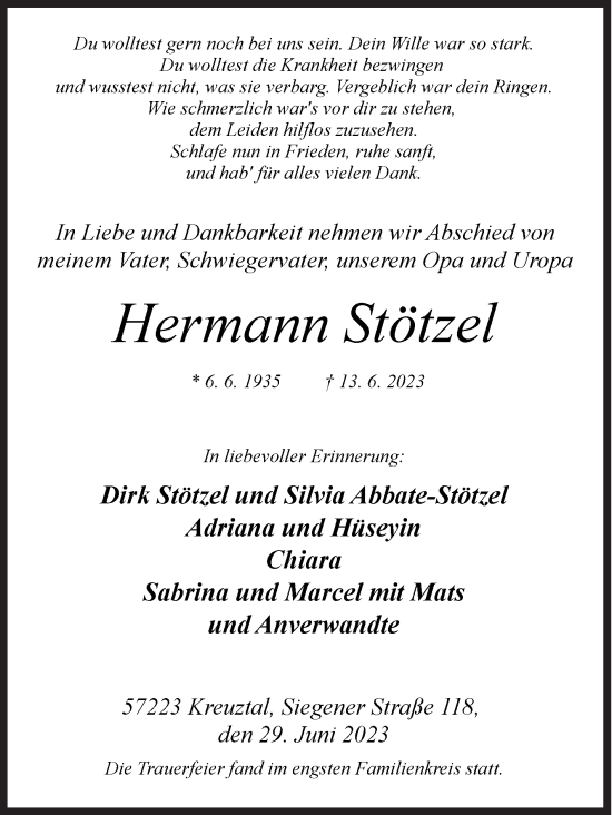 Traueranzeige von Hermann Stötzel von Siegener Zeitung