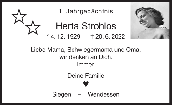 Traueranzeige von Herta Strohlos von Siegener Zeitung
